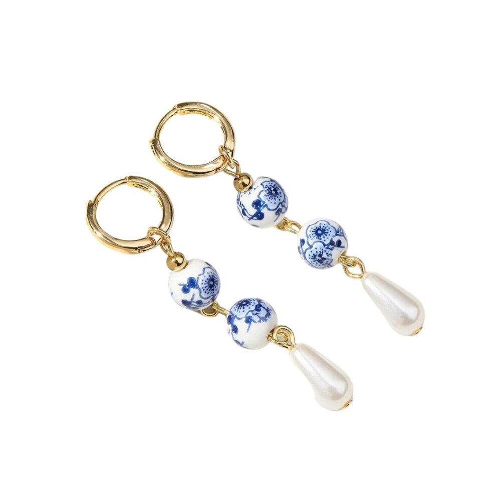 Blue Posy China Print Pearl Dangle Hoop Earrings